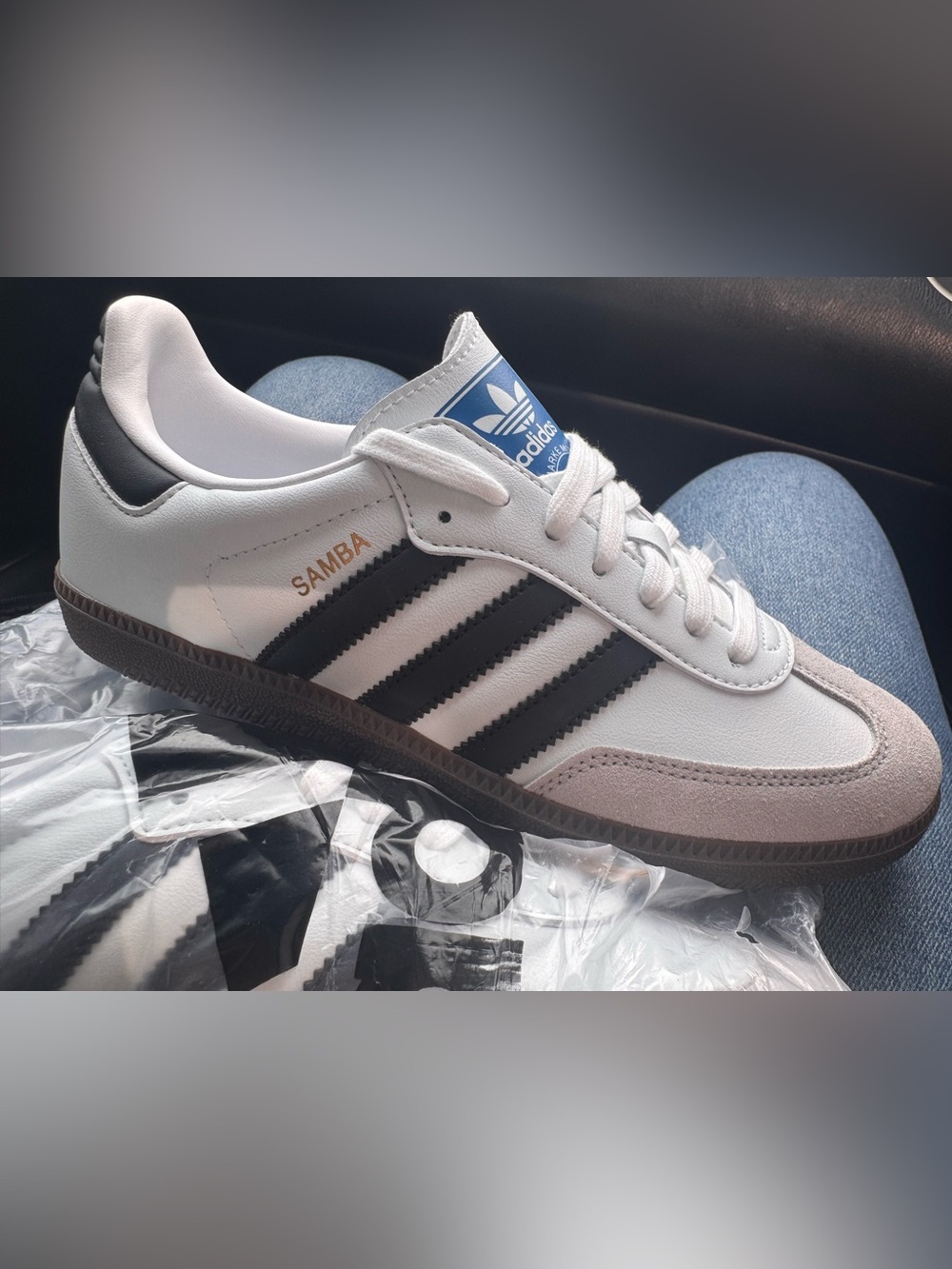adidas White Leather Samba Sneakers with Black Stripes and Gold Logo